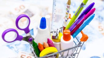 School supplies with shopping cart, pencil, pen, ruler, eraser and scissors, with money background